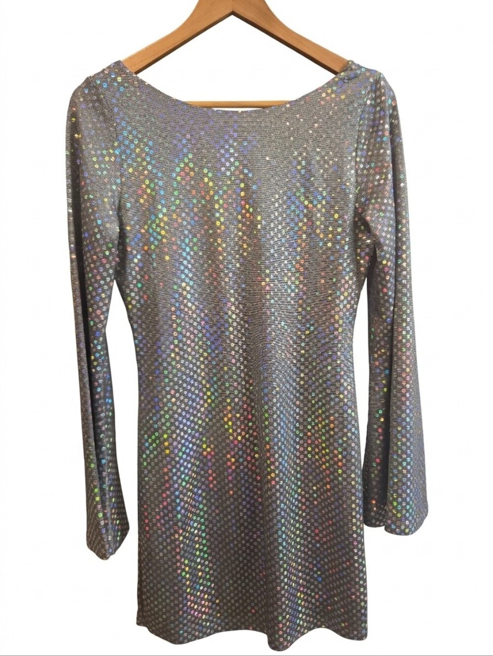 Thirty Thirty LA Party Silver Sequin Backless Bell Sleeve Sexy Mini Dress Sz L